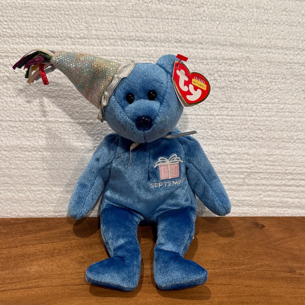 Ty Beanie Baby September Blue Birthday Bear with Sparkling Party Hat